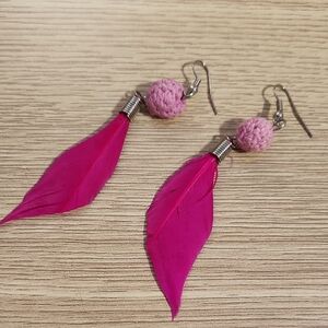 Stylized Handmade Dangle Earrings Bright Pink Feathers Small Crochet Spheres